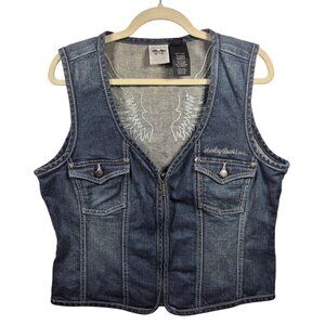 Harley Davidson Denim Vest Womens XL Blue Full Zip Corset Embroidered Bikercore